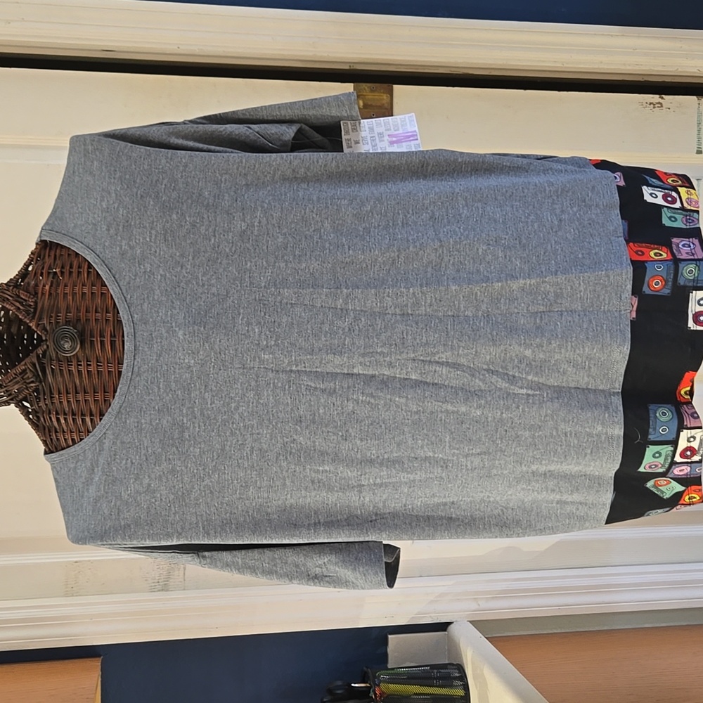 LuLaRoe Gray Top with Multicolor Cassette Tape  Accents-Size M